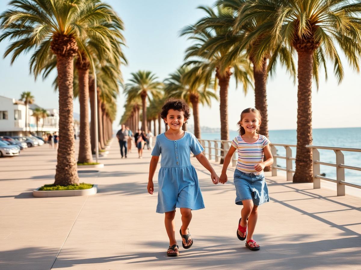Family walking along a Mediterranean promenade